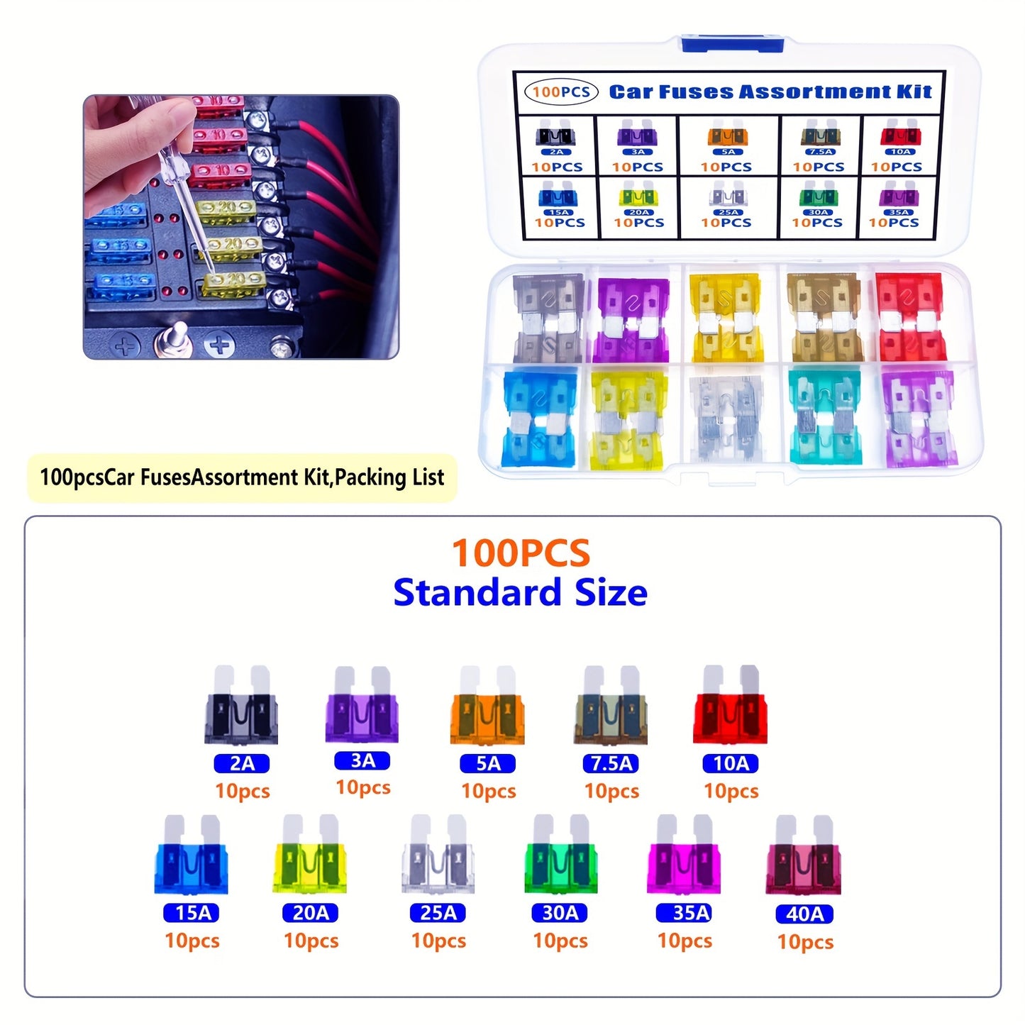 Car blade fuse assortment kit with multiple specifications ranging from 2A to 40A, suitable for various vehicles. Includes a box for storage.