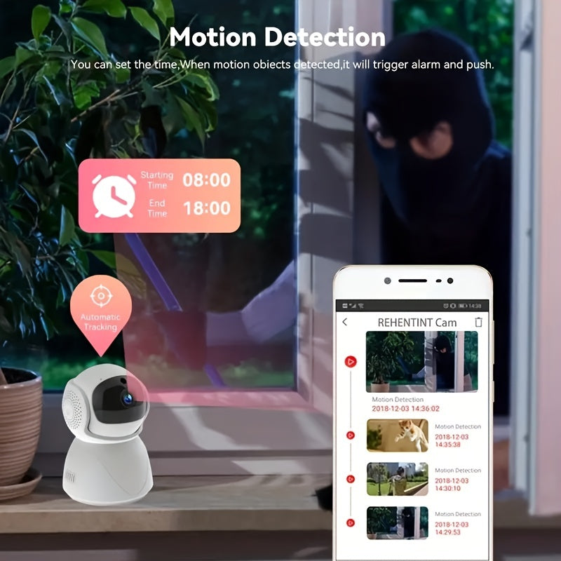 Stay connected and secure with our Smart Home Security Camera. With HD 1080P quality, WiFi connection, and easy One-Click Call feature, you can monitor your home effortlessly. The camera also features Auto Tracking, Infrared Night Vision, Motion Alerts