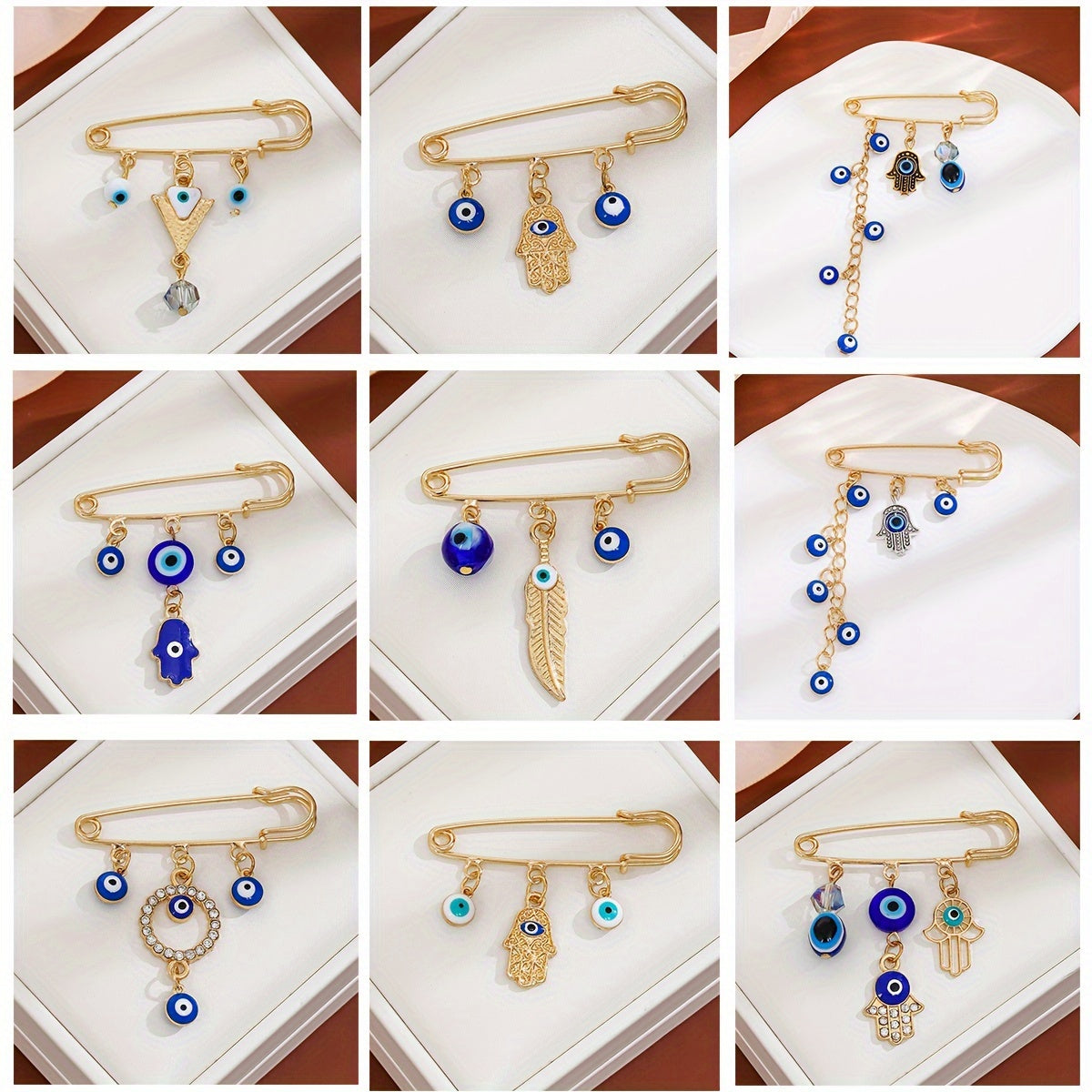 Set of 2 Vintage Crystal Diamond Evil Eye Tassel Brooches in Blue, High-End Waist Pulling Sweater Pin with Cold Wind Detailing, Random 2 Styles