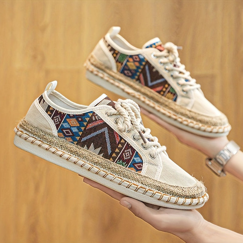 Trendy tribal sneakers with lace-up design, lightweight espadrilles, durable non-slip sole, breathable summer shoes for women.