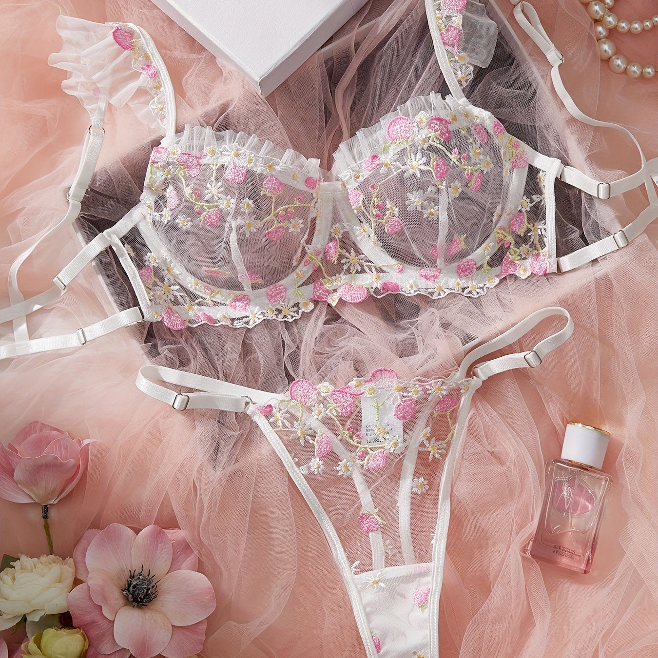 Flower design bra and thong set for women - sexy lingerie and underwear