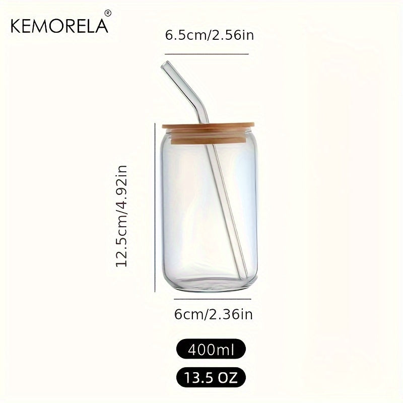 Kemorela 6-piece set includes glass cups with bamboo lids and straws in beer can shape, perfect for various beverages. Also includes 2 cleaning brushes.