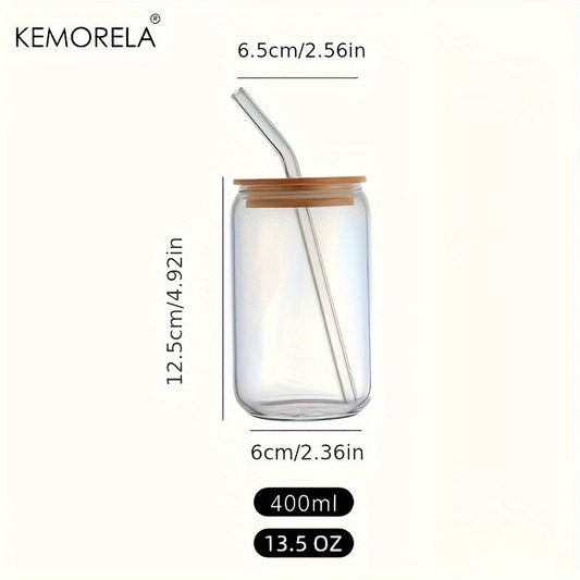 Kemorela 6-piece set includes glass cups with bamboo lids and straws in beer can shape, perfect for various beverages. Also includes 2 cleaning brushes.