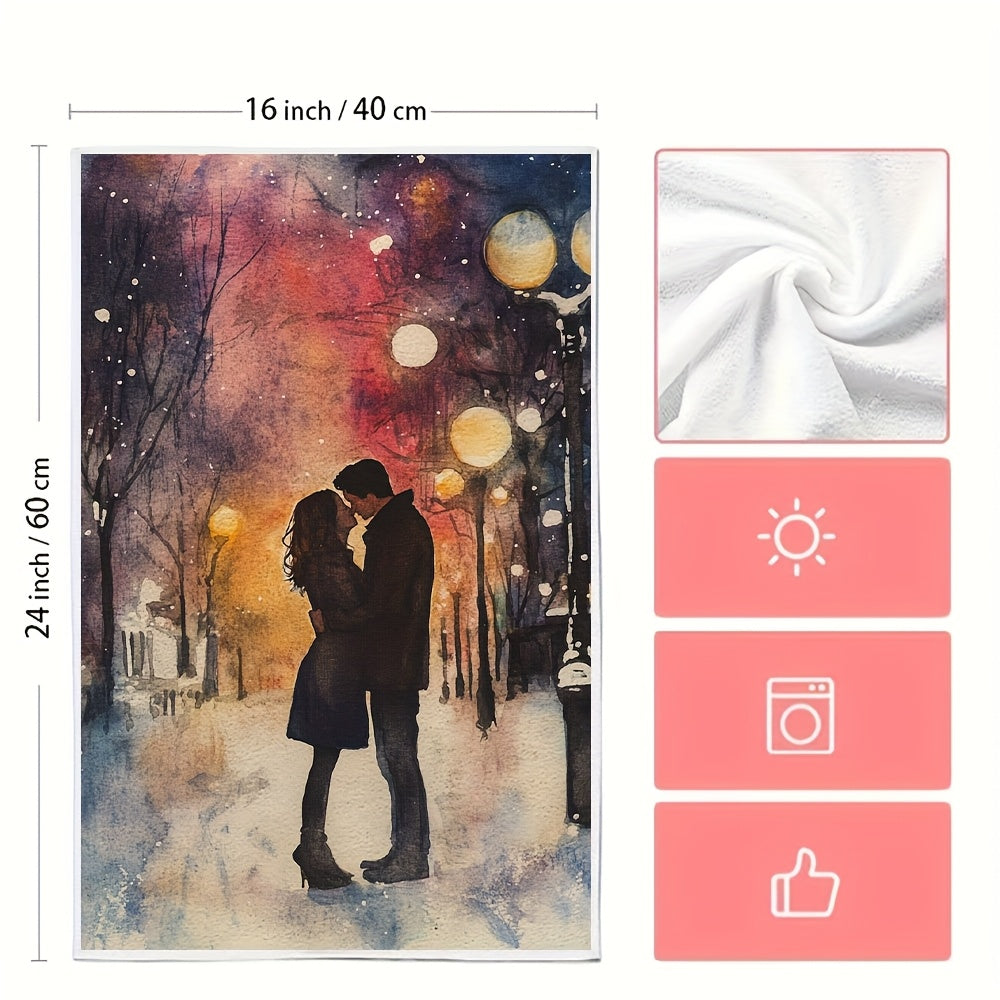 Set of 2 Romantic Sunset Kiss Kitchen Towels - Made with Ultra Soft, Highly Absorbent Polyester Material, Each Towel Measures 40.64x60.96 cm. Easy to Clean in the Washing Machine, Features a Vibrant Winter Scene Design Perfect for Holiday Decor and