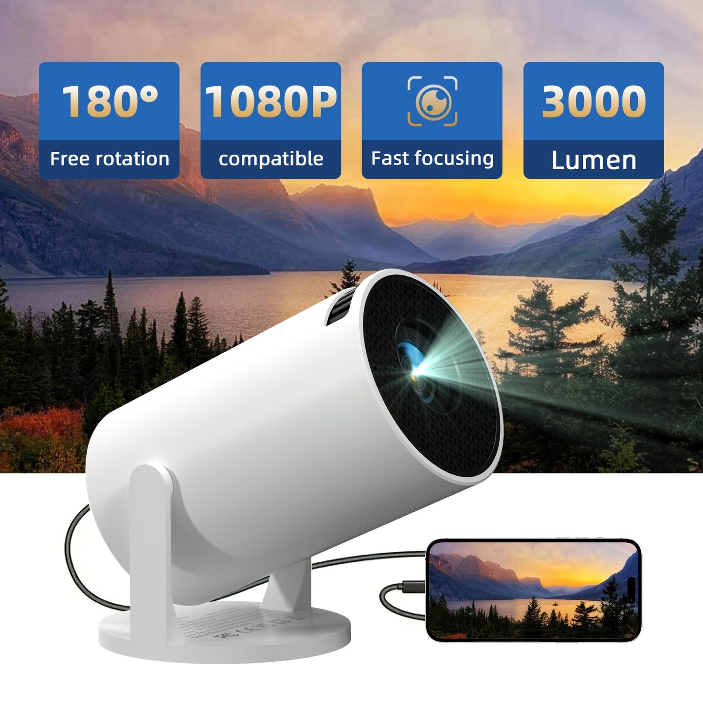 Compact Mini Projector with HD video, European Standard Plug, 180-Degree Adjustable Projection, Pan and Tilt Features, perfect for Home Cinema, Office, School, Meetings, and Holiday Gifts.