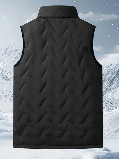 Men's Casual Sleeveless Vest made of 100% polyester fiber filled with stand collar, solid color, non-stretch fabric and pockets. Suitable for Fall/Winter outdoor wear.