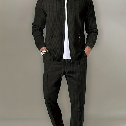 Men's casual waffle knit sweatsuit set with polyester zippered jacket and regular fit pants.