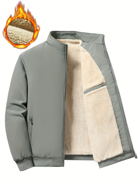 Men's Solid Band Collar Fleece Jacket for Fall/Winter, Plus Size.