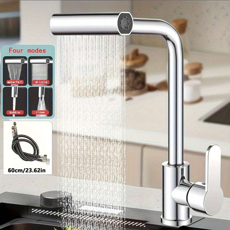 Commercial kitchen faucet with sprayer, rotary spout, and durable single-handle mixer. Space-saving design for various locations including farmhouses, caravans, stores, and modern kitchens.