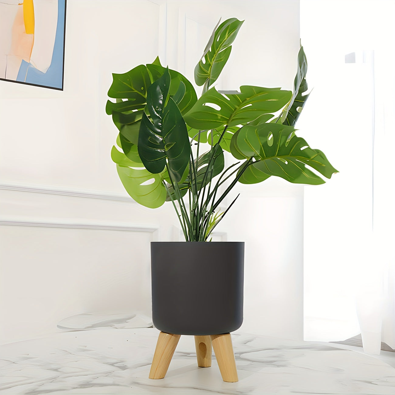 Wooden leg planter for indoor/outdoor use in home or office, suitable for various plants.