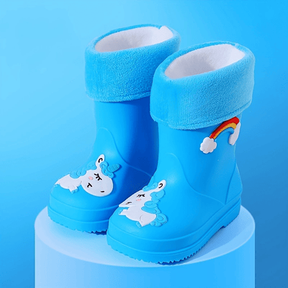 2024 Upgraded Youngsters' Plush Rain Boots - Unicorn & Rainbow Design with Warm Fleece Lining, Durable PVC, Slip-On for Boys & Girls - Ideal for Outdoor Adventures, All-Season Wear