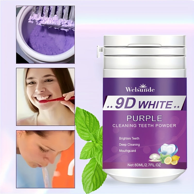 Travel-sized Purple Teeth Whitening Powder (2.7fl.oz) with Minty Fresh Breath, Gentle on Gums, Perfect for Gifts.