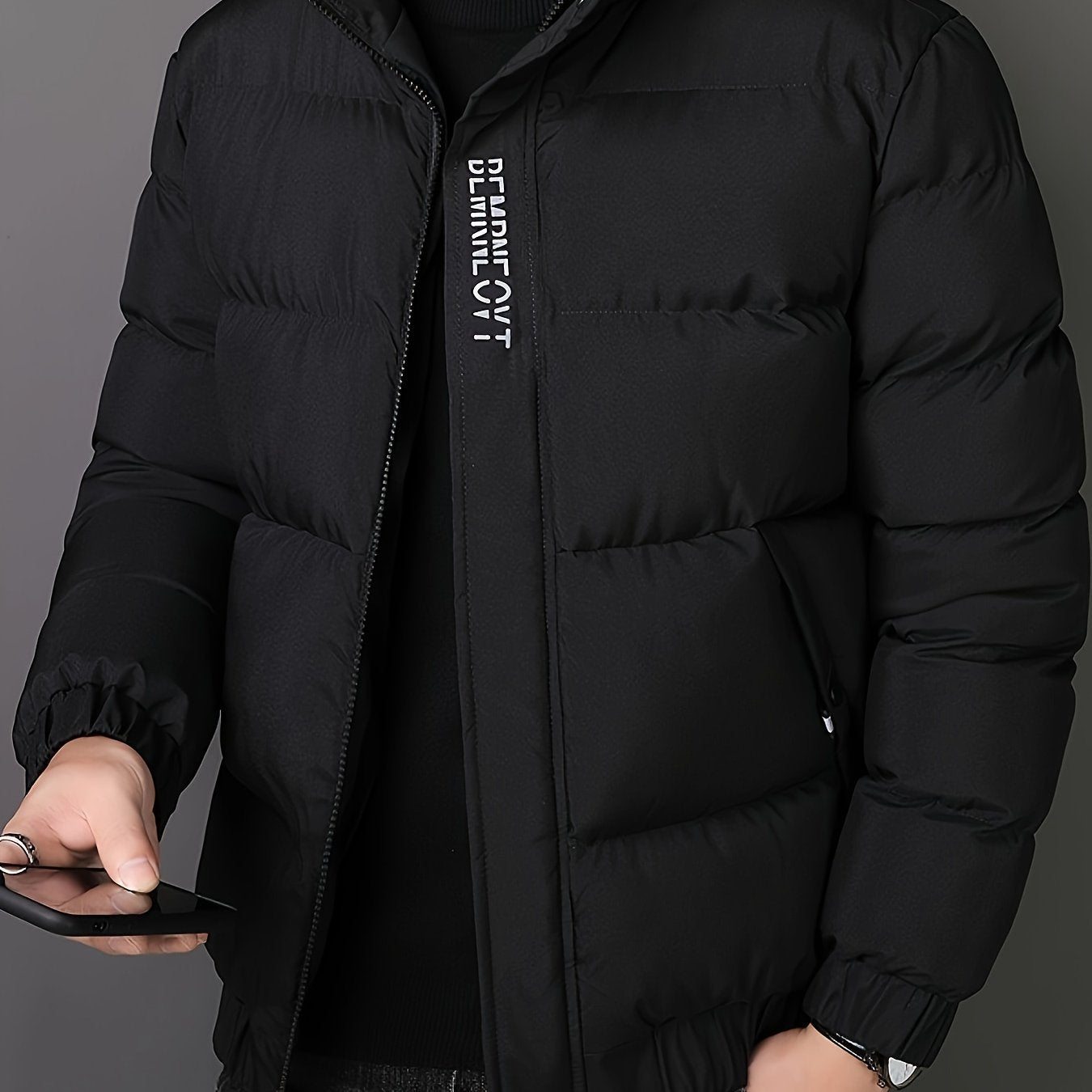 Men's 2024 lightweight winter coat with warm, thickened polyester fabric, stand collar, alphabet pattern, zipper detail, skinny fit, woven weave. 138gsm fabric weight, 90gsm lining weight.