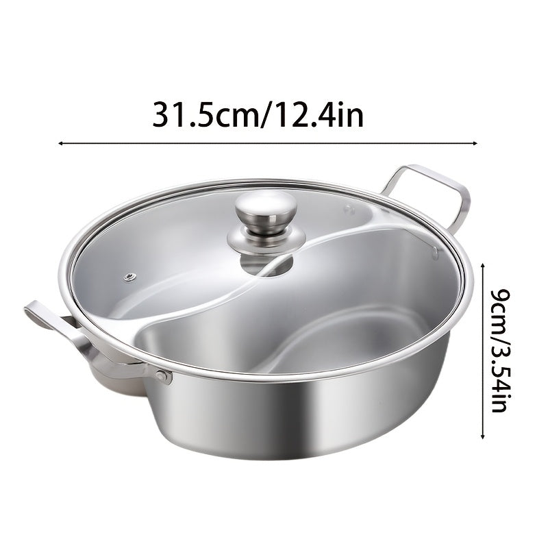 Stainless Steel Dual-Compartment Hot Pot for Induction Cooktops, Chinese Style with Divider, Two Flavors Sharing Design