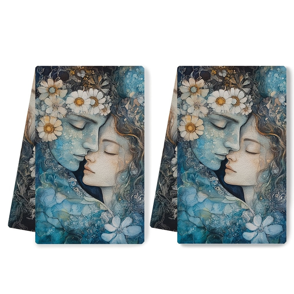 Two pieces of ultra soft kitchen towels featuring the "Serenity of Love" artistic design. These highly absorbent and machine washable dish hand towels measure 40.64x60.96 cm. Perfect for contemporary coastal decor, these towels feature a floral and