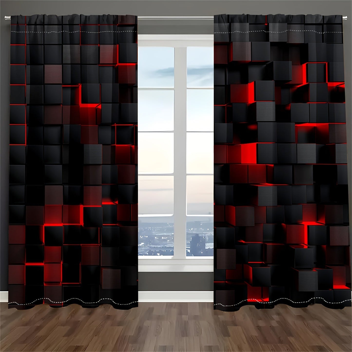 Set of 2: Abstract Red & Black Gradient Curtains - Modern Geometric Design, Semi-Transparent Drapes for Privacy in Living Room and Bedroom Decor