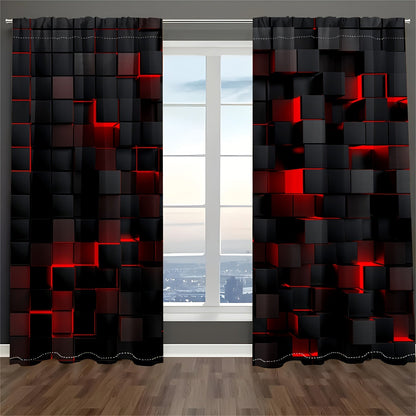 Set of 2: Abstract Red & Black Gradient Curtains - Modern Geometric Design, Semi-Transparent Drapes for Privacy in Living Room and Bedroom Decor