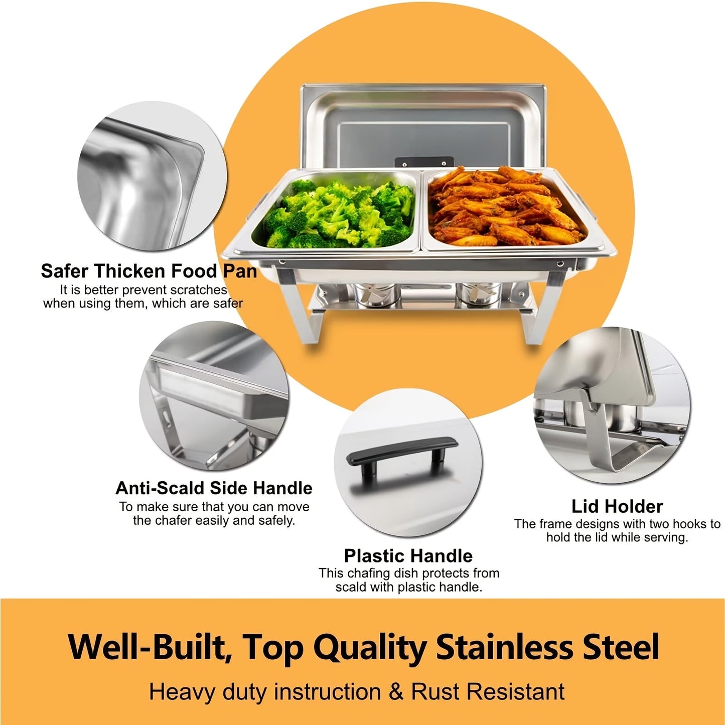 One set of 8QT Stainless Steel Chafing Dishes, includes Full & Half Pans and Foldable Stand. Ideal for Weddings, Parties, Banquets, Catering and Events. Comes with 1 full and 1 half piece.