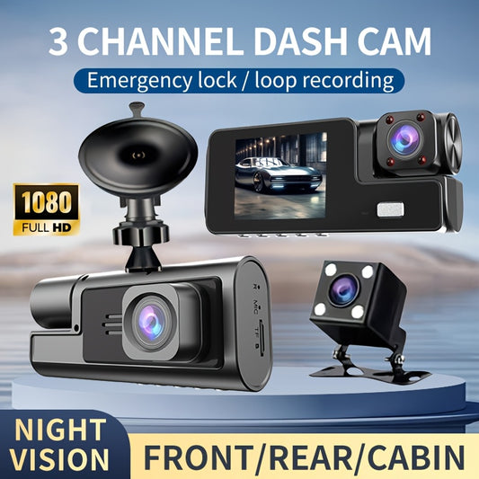 3-Channel Driving Recorder with FHD1080P, Ultra Wide Angle Reverse Vision, Real-Time Recording, Black Box, HD Night Vision, G Sensor, Loop Recording.