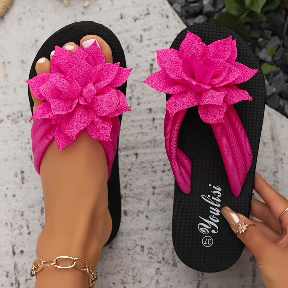 Women's floral embellished flip-flops with fabric upper, EVA sole, and mid heel, perfect for all-season wear. Originating from Taizhou, designed for North America and European special