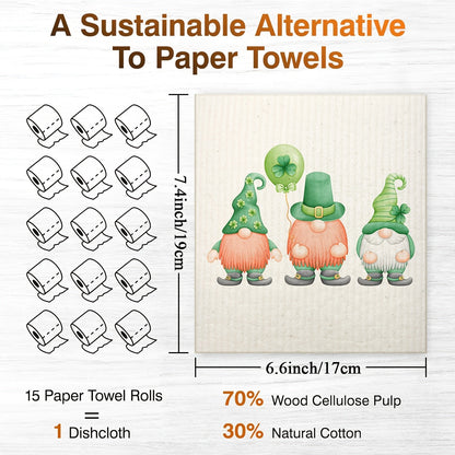 Six-Pack of St. Patrick's Day Kitchen Towels made from Reusable Wood Pulp Fiber. Features Cartoon Gnomes and Clover Print, Square Shape, Fade Resistant, Non-Textile Weaving. Perfect for Kitchen Use as Dishwashing Cloths.