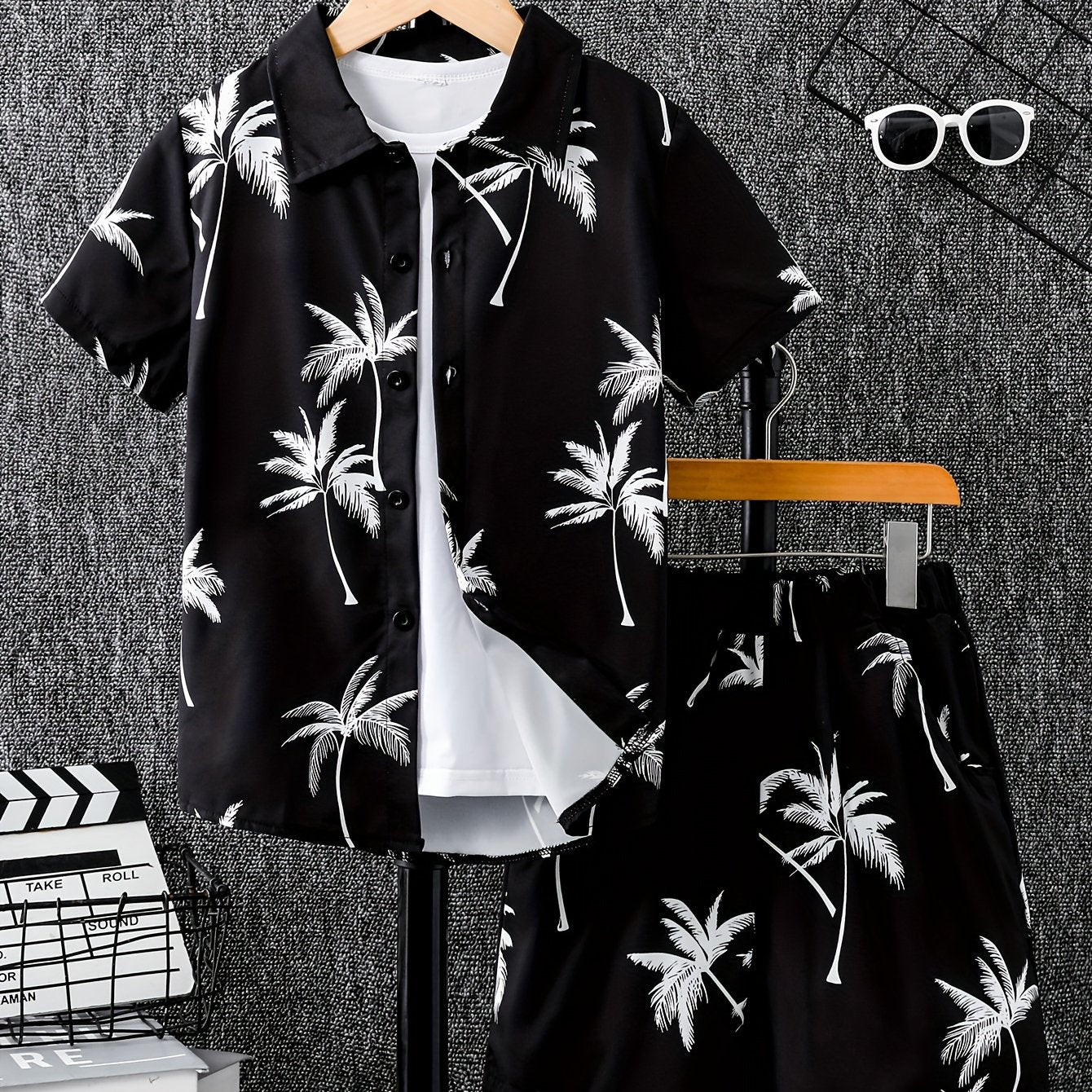 Boys casual coconut tree graphic print short sleeve shirt and shorts set for summer wear.