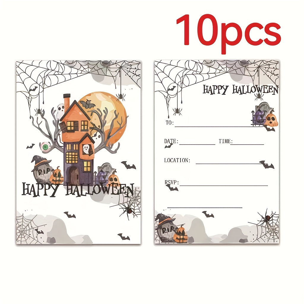 Invitations for a Spooky Halloween Party - Featuring Haunted Houses and Bats, Fun Cartoon Designs Perfect for Kids' Birthday Celebrations