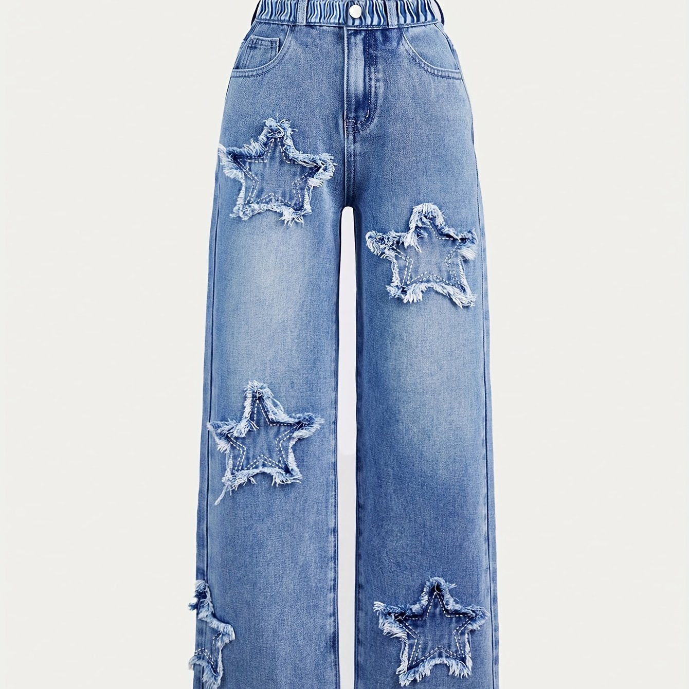 Y2K Star Patch Embroidery Straight Leg Jeans for Girls, Retro Denim with Elastic Waistband for All Seasons