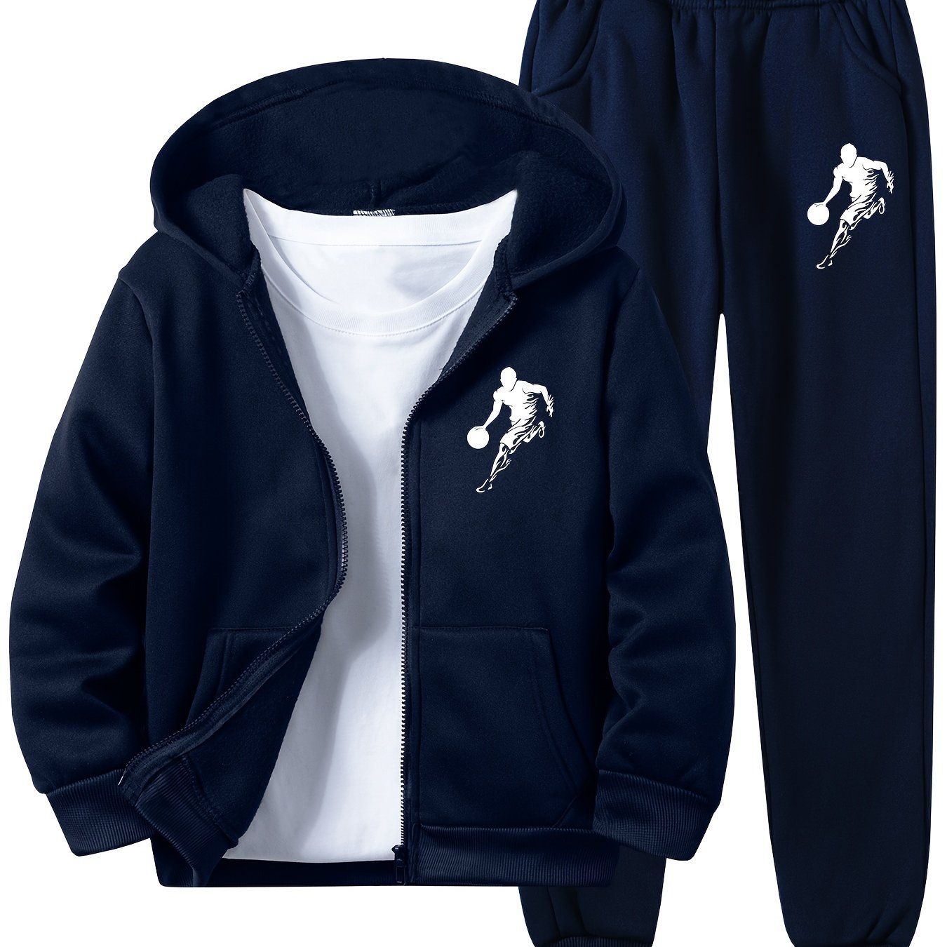 2-piece set with basketball player print hoodie and sweatpants for boys and girls. Knit polyester with geometric pattern top. Regular fit with slight stretch for fall/winter daily wear