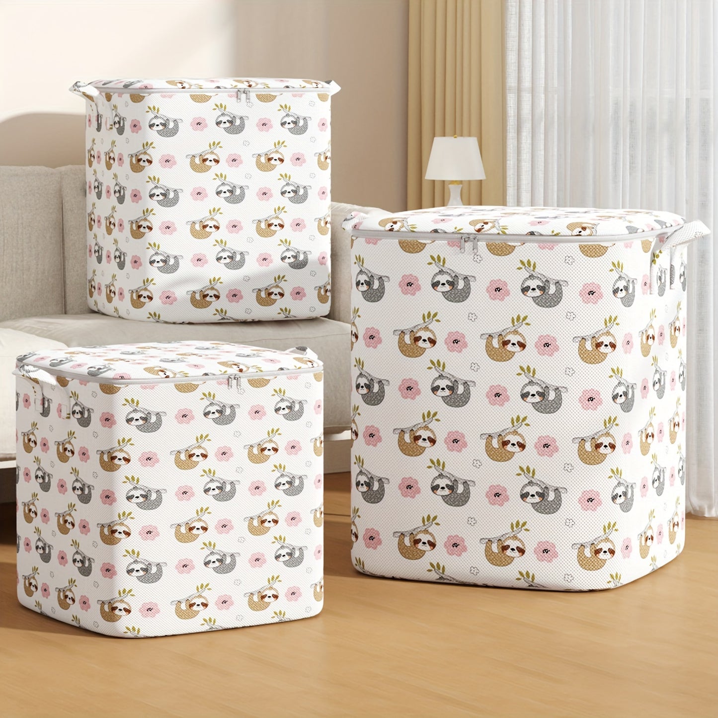 Large capacity storage bag made of non-woven material with handle, suitable for travel and can store various items like clothes, blankets, and toys.