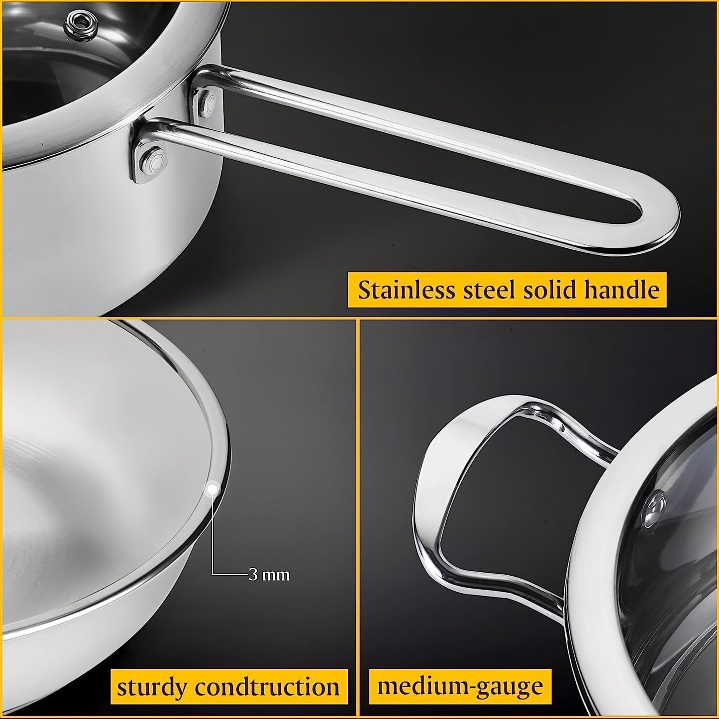 Stainless Steel Cookware Set includes 6 pieces- Perfect for Induction, Electric, and Gas Stoves. Oven Safe with Cool-Touch Handles, Long-Lasting and Simple to Clean- a Must-Have for Home Cooking Enthusiasts.