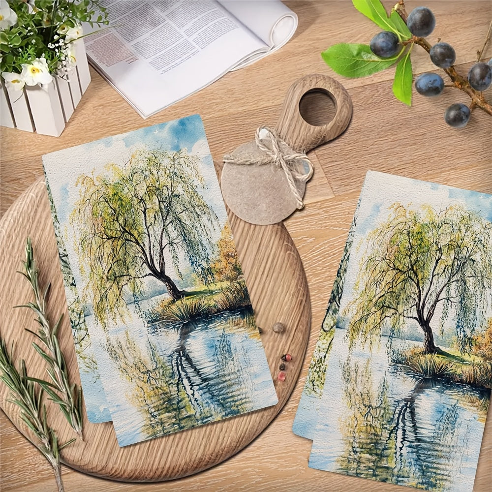 Set of 2 Ultra Soft Kitchen Towels featuring the "Willow by a Tranquil Lake" Design, Exceptionally Absorbent & Easy to Wash Dish Hand Towels, Modern Coastal Decor, 40.64x60.96 cm, Perfect for Holiday Season Decor, Decorative yet Durable Kitchen Textile