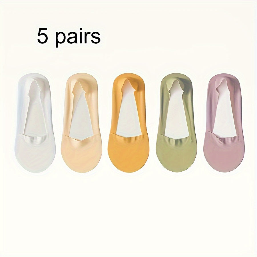 5 pairs of solid ice silk socks for women, non-slip and breathable low cut invisible socks.