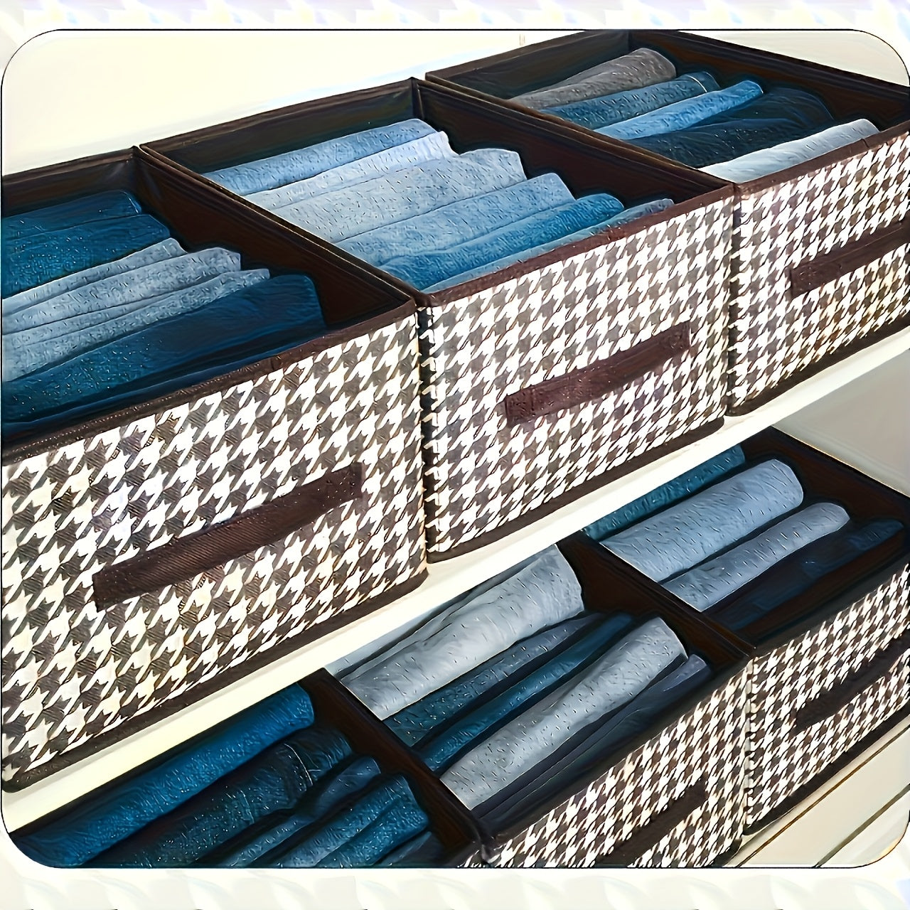 6 large folding storage bins in houndstooth fabric for clothes, toys, and trunk organization.