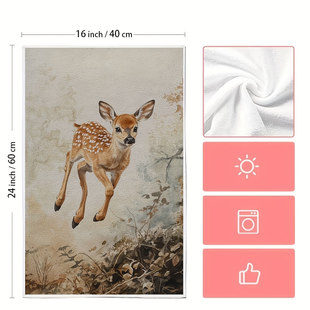 This set includes 2 ultra-soft kitchen towels showcasing a young fawn joyfully exploring its surroundings. These highly absorbent dish towels are ideal for holiday decor, can be easily washed in a machine, and measure 40.64X60.96 cm.