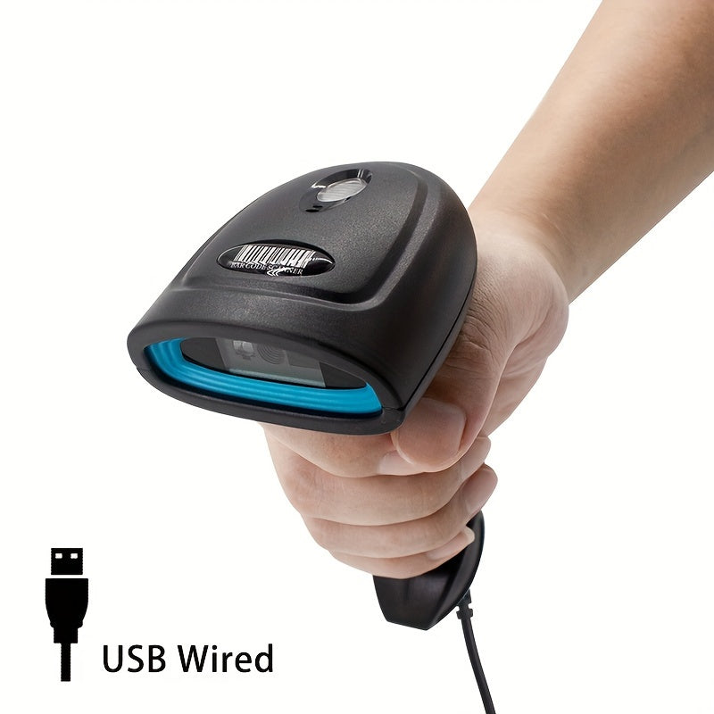 Handheld 2D barcode scanner with USB wired and wireless connection, ideal for retail, warehouse, and mobile payments. Features high-performance CMOS sensor, portable and rechargeable