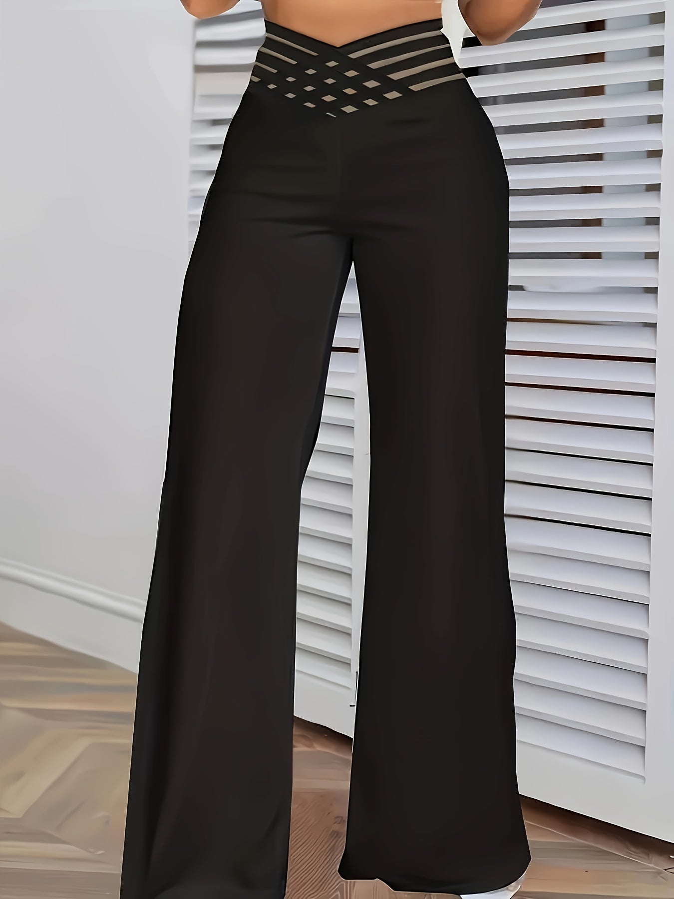 High-waist mesh patchwork pants with cross detail, machine washable, suitable for all seasons.