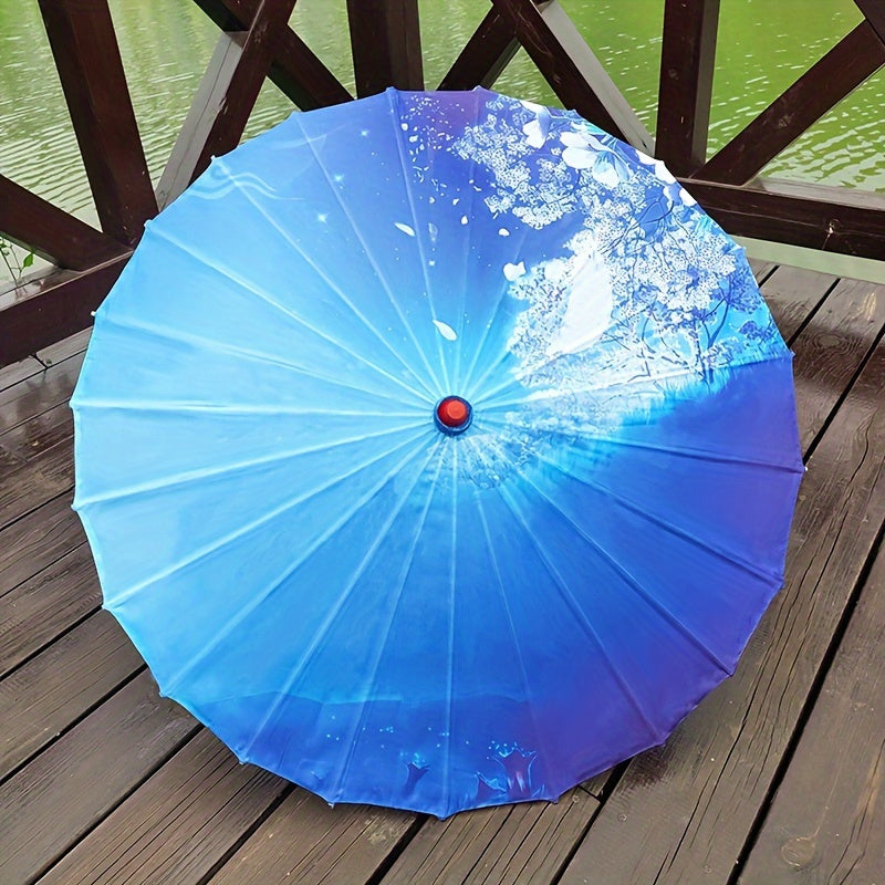 Chinese Flowers Parasol Umbrella with Cherry Blossom Sakura Floral Bamboo Handle for Sun and Rain Protection, Ideal for Weddings and Parties.