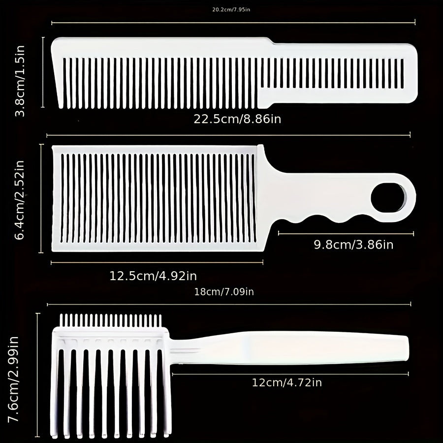 Набор из 3-х расчесок для барберов, включая расческу для градиента, расческу для позиционирования и расческу для плоской верхушки.