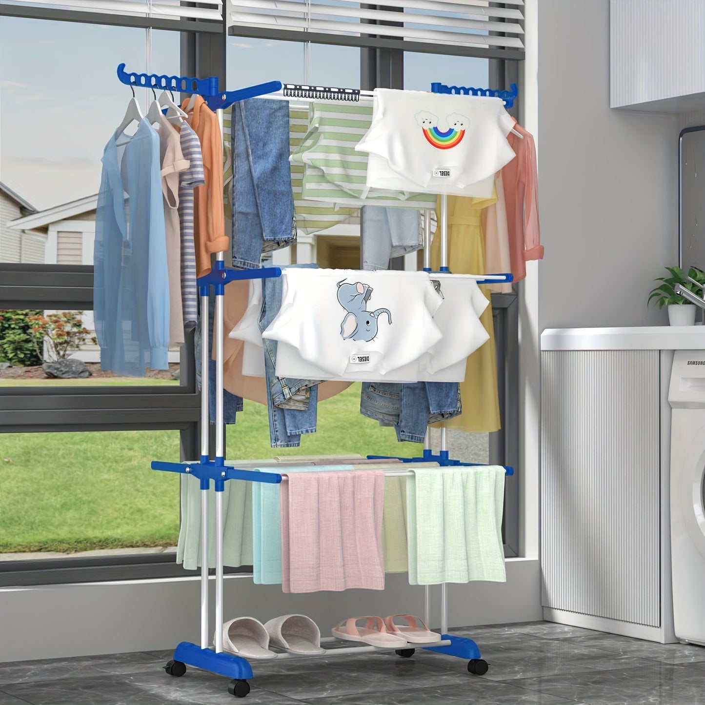 Floor Standing Drying Rack with Movable Telescopic 3-Layer Towel Rack, Multi-Functional Household Balcony/Outdoor Folding Clothes Drying Rack (Roller Type)