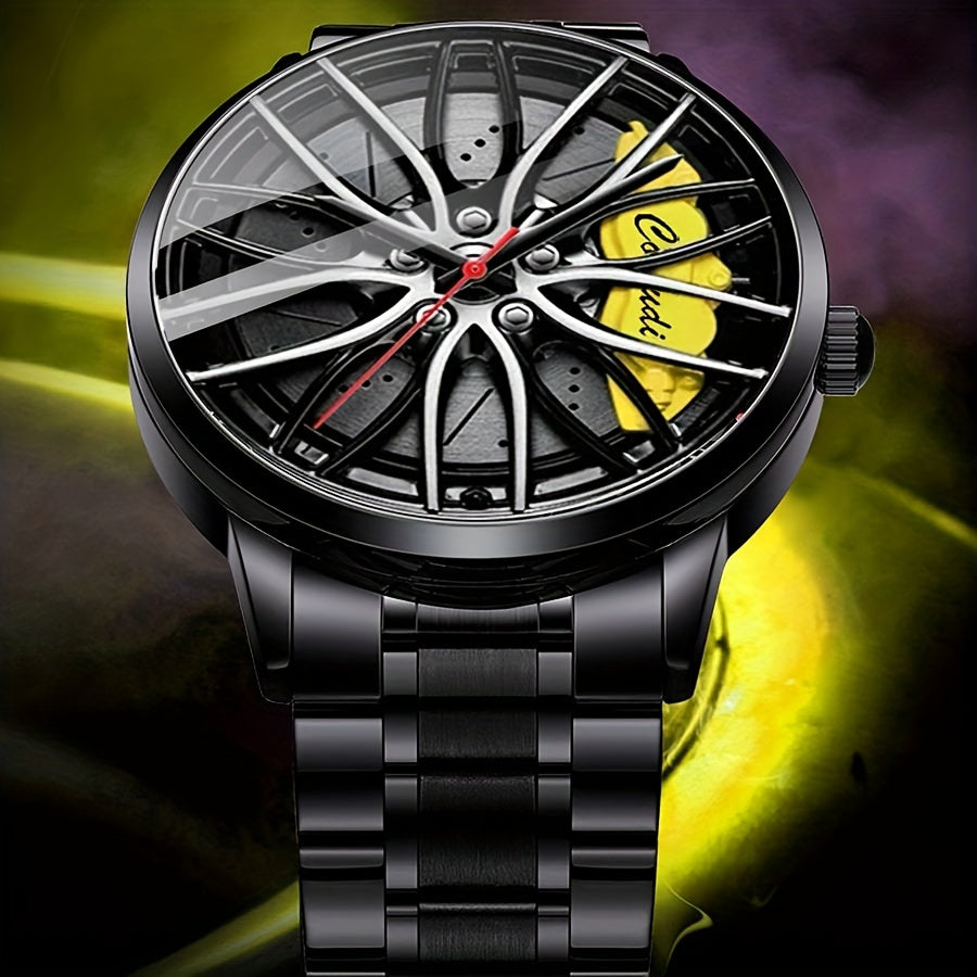 Men's Watch with Car Wheel Hub Caliper Design, Steel Band with Luminous Features, Three-dimensional Hollow Sports Wrist Watch, Perfect Gift Choice