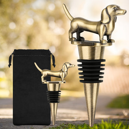 Zinc Dachshund-shaped wine and champagne bottle stopper for bar preservation.