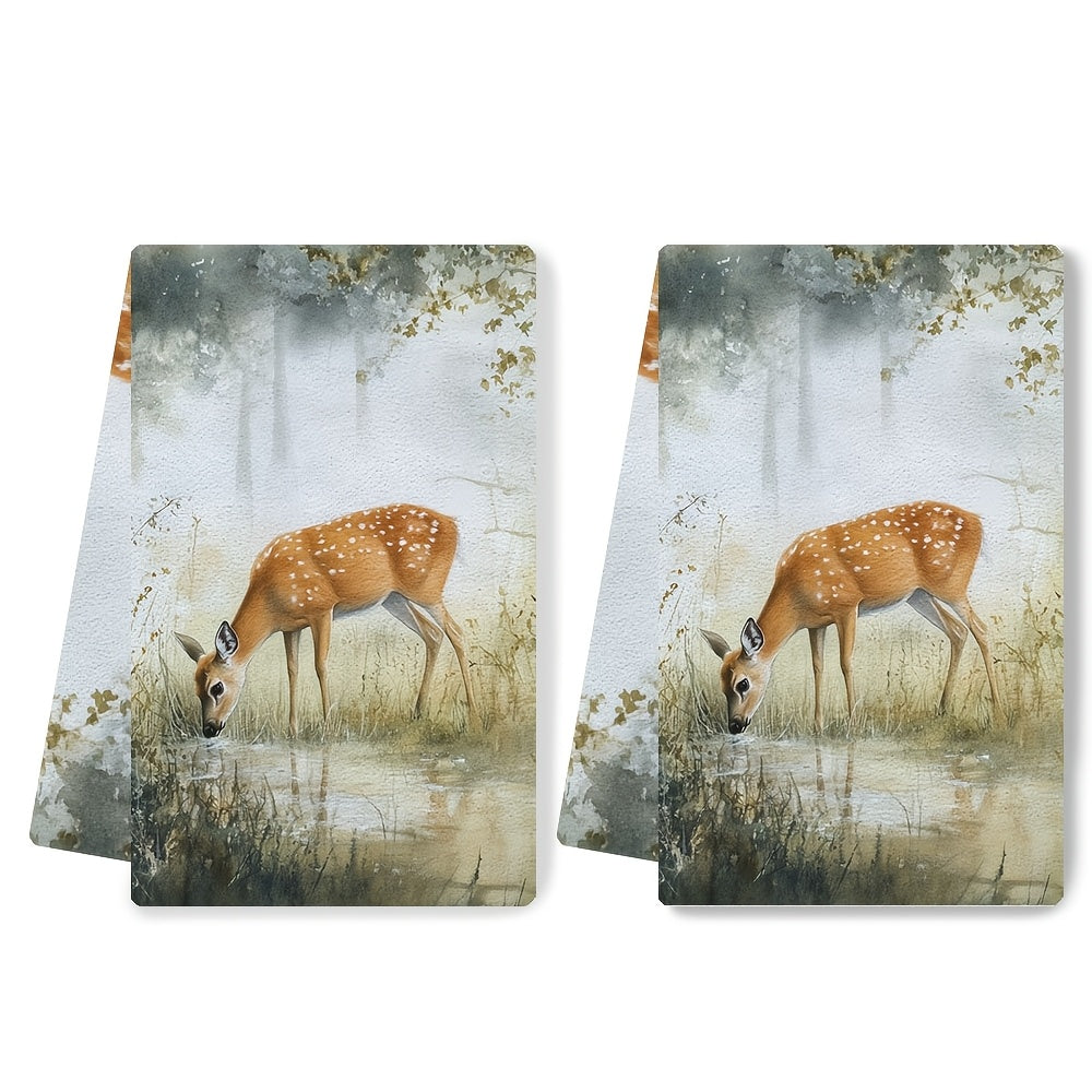 Set of 2 Ultra Soft Kitchen Towels featuring a Serene Deer Grazing Scene. These highly absorbent and machine washable dish hand towels are in a Contemporary Style, measuring 40.64x60.96 cm. Perfect for Holiday Decor and ideal for use as dish towels.