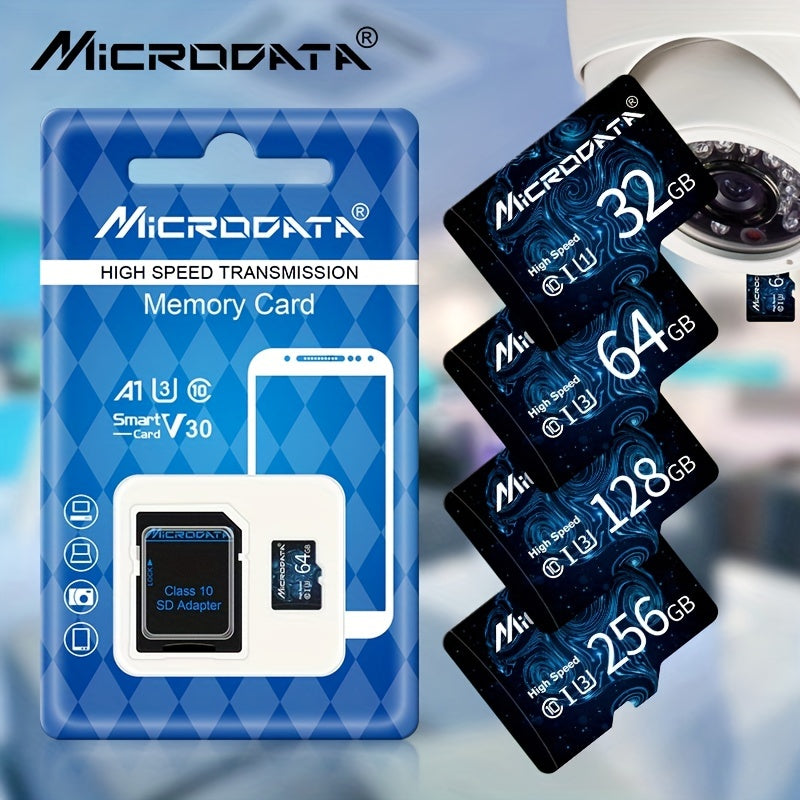 New micro TF SD cards with 32GB SDHC Class 10 for fast storage, also in 64GB, 128GB, and 256GB U3 SDXC mini flash drives for smartphones with an SD adapter.