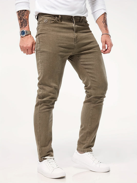 Button closure, stretch denim, solid color men's slim fit straight-leg jeans, all-season casual style trousers.