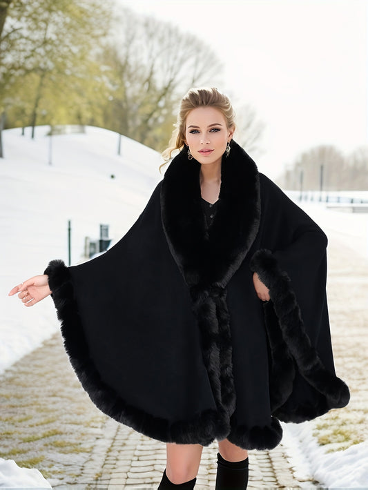 Plus Size Faux Fur Trim Cape for Fall & Winter, Elegant Open Front Shawl, Women's Clothing.