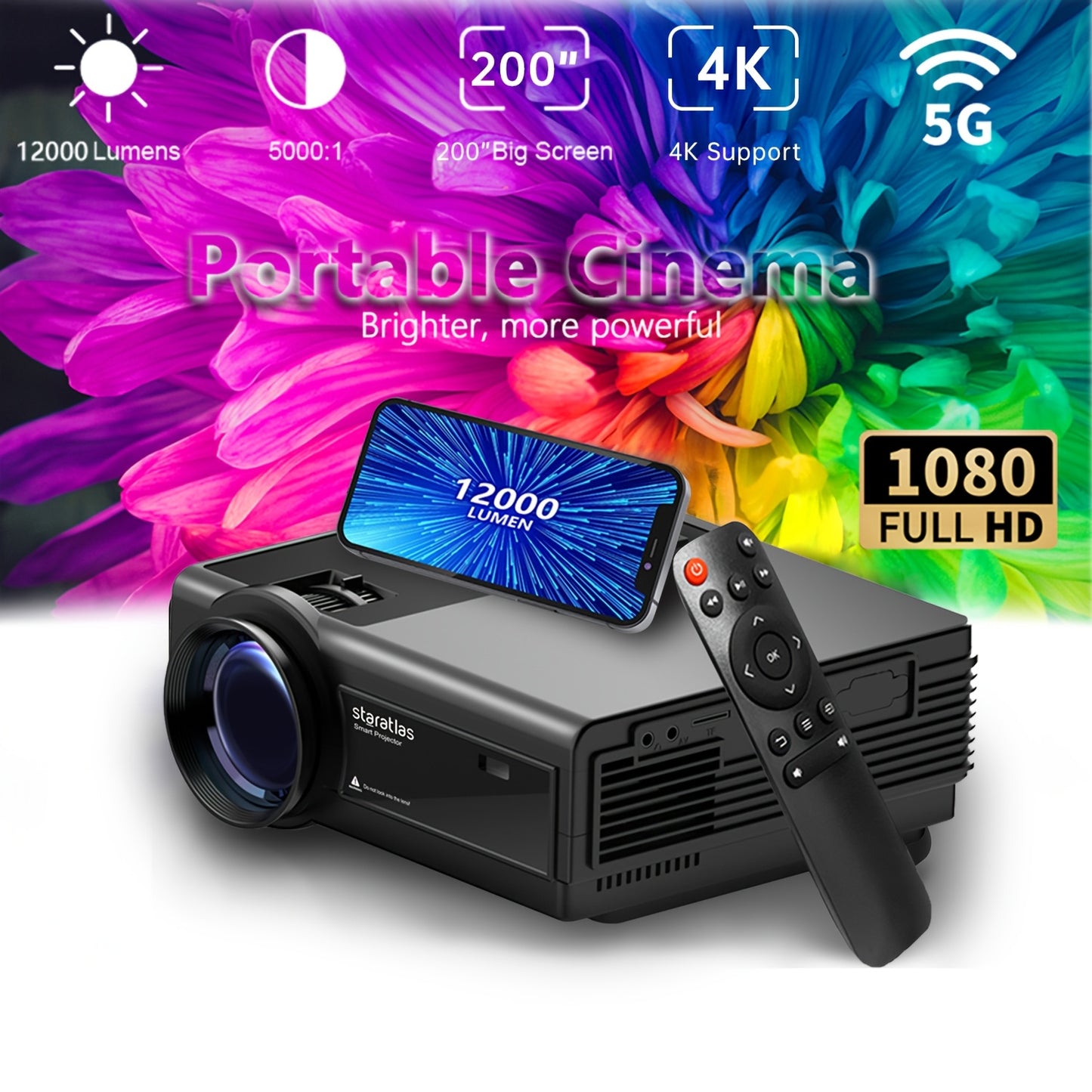 Portable WiFi projector with native 1080P resolution, 7.62m display, outdoor movie capability, and compatibility with USB, AV, Fire Stick, smartphones, and office electronics.