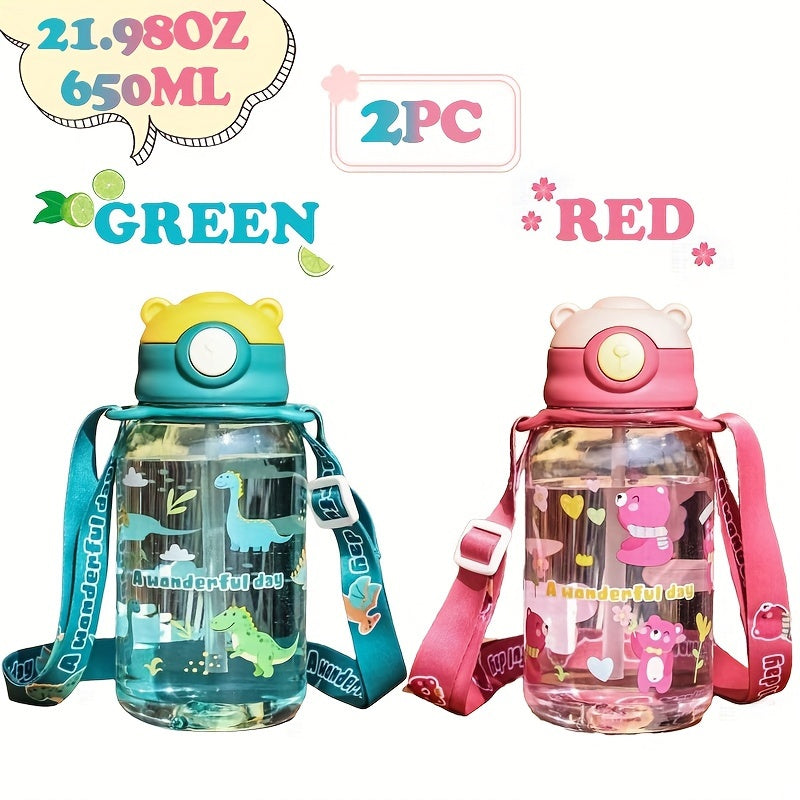 2-Pack of 20.98OZ Bear Water Bottles with Straw & Strap - Hand washable, BPS free, ideal for school, travel, sports, holidays and celebrations.