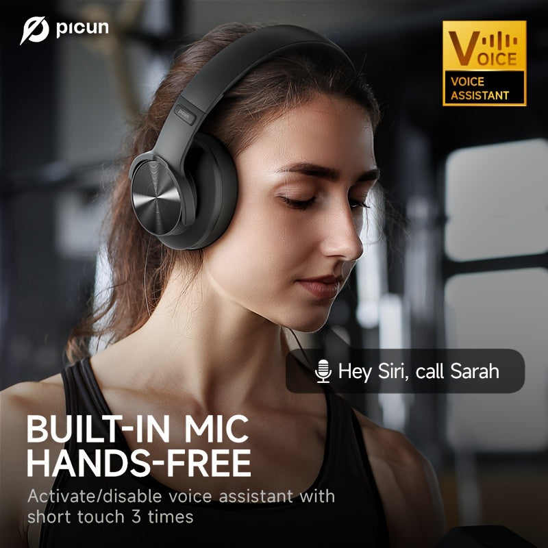 Picun B8 Wireless Over-Ear Headphones with 120 hours playtime, wireless 5.0, 3EQ & Game Mode, hands-free calls, foldable design, and Type-C charging. Suitable for travel, home, office, PC