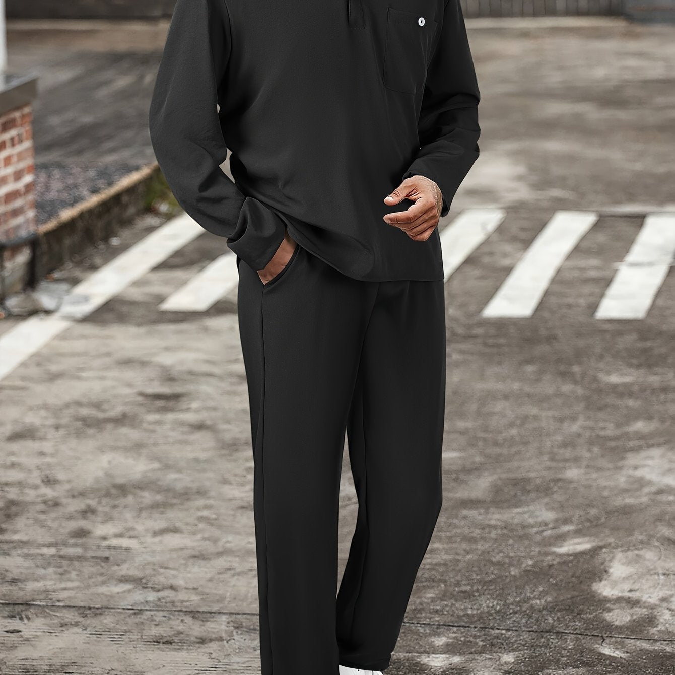 Men's Casual Polyester Sweatsuits with Collared Neck, Solid Color, Slight Stretch Fabric, Pocket Detail - Spring/Fall Woven Lash Sets with Regular Fit Long Sleeve Shirt and Drawstring Pants